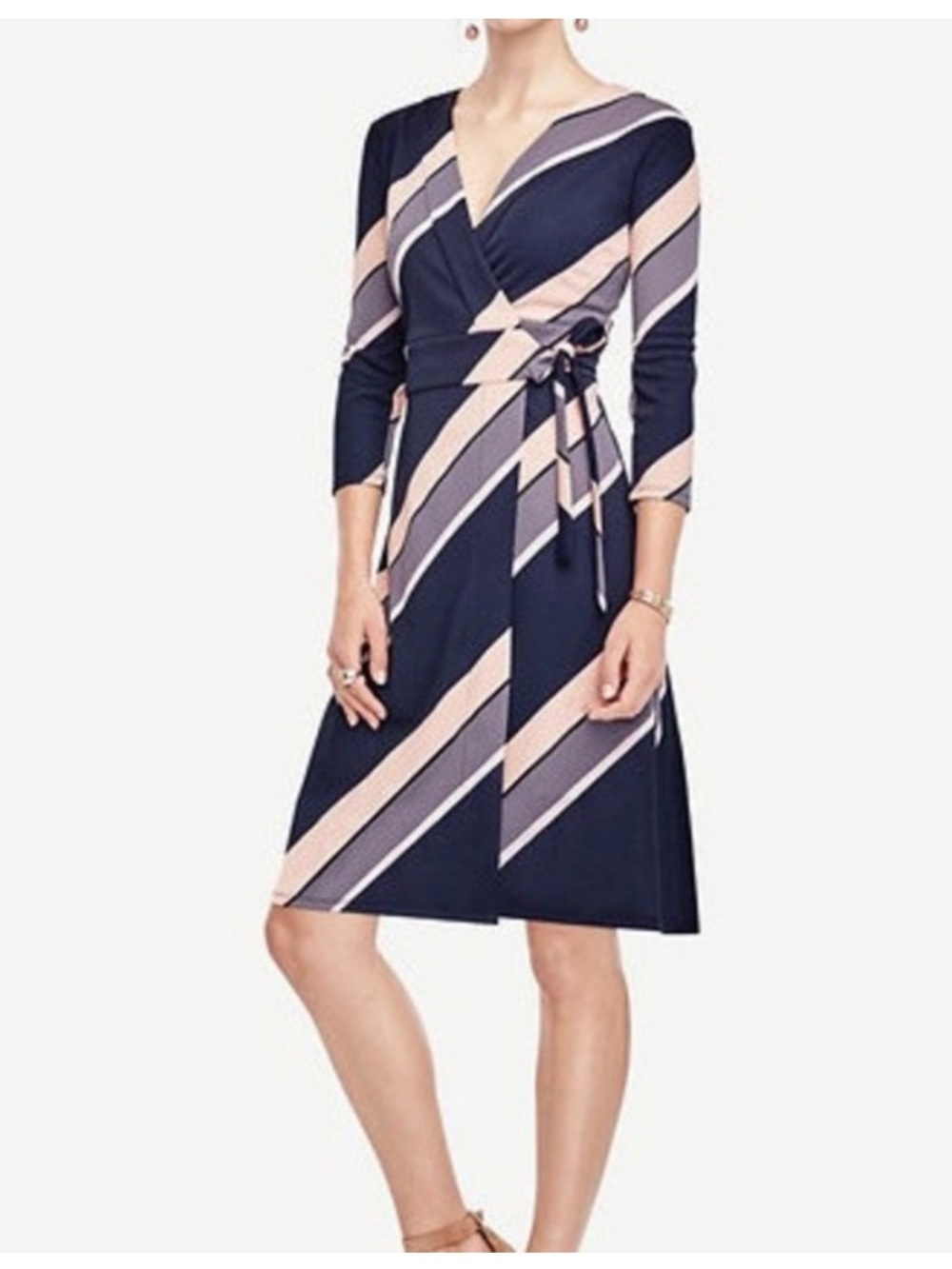 Ann Taylor Diagonal Stripe Wrap Dress 6 petite  navy blue, pink, purple